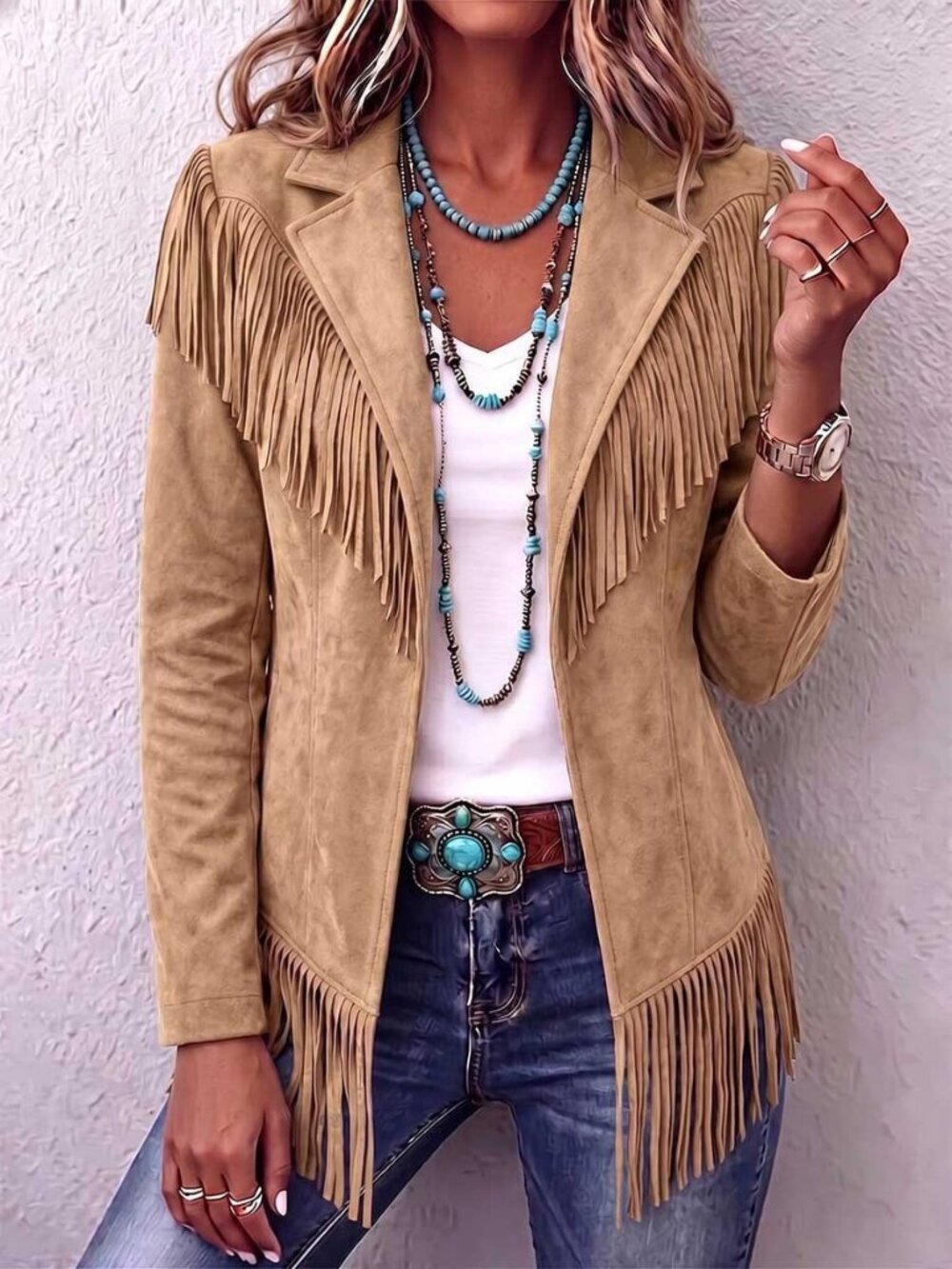 Khaki Elegant Women's Suede Fringe Slim Fit Collar Long Sleeved Jacket - Picture 1 of 2
